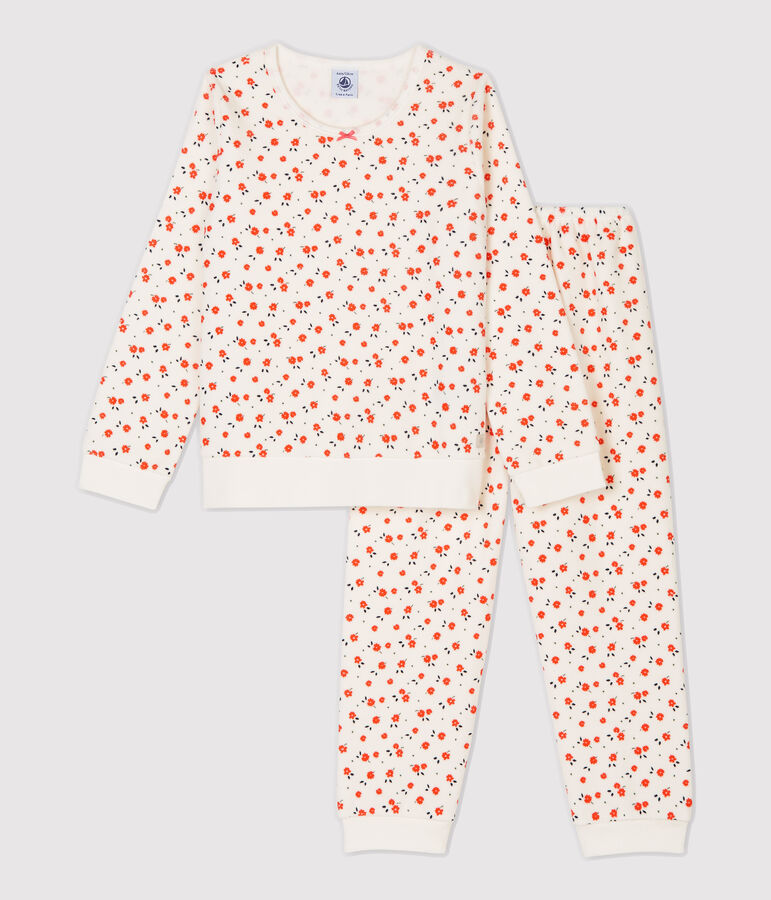 Kinderpyjama aus Nicki mit Blumenmotiv f&uuml;r  M&auml;dchen weiss/vielfarbig