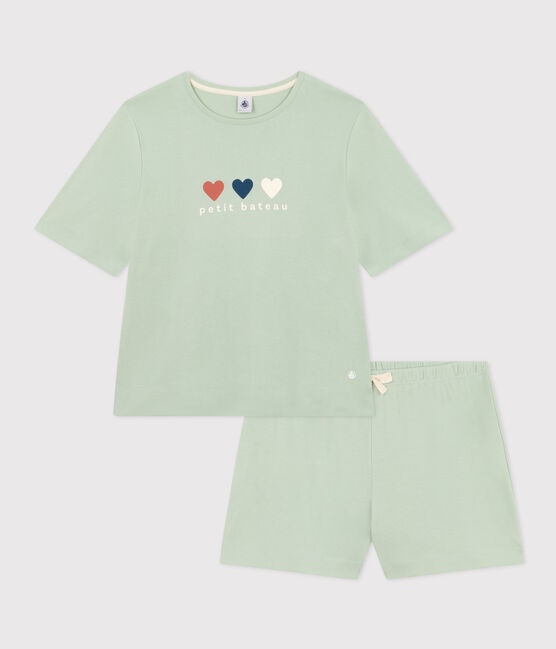 Damen-Pyjama bestehend aus kurzer Hose und T-Shirt aus einfarbiger Baumwolle. grün HERBIER
