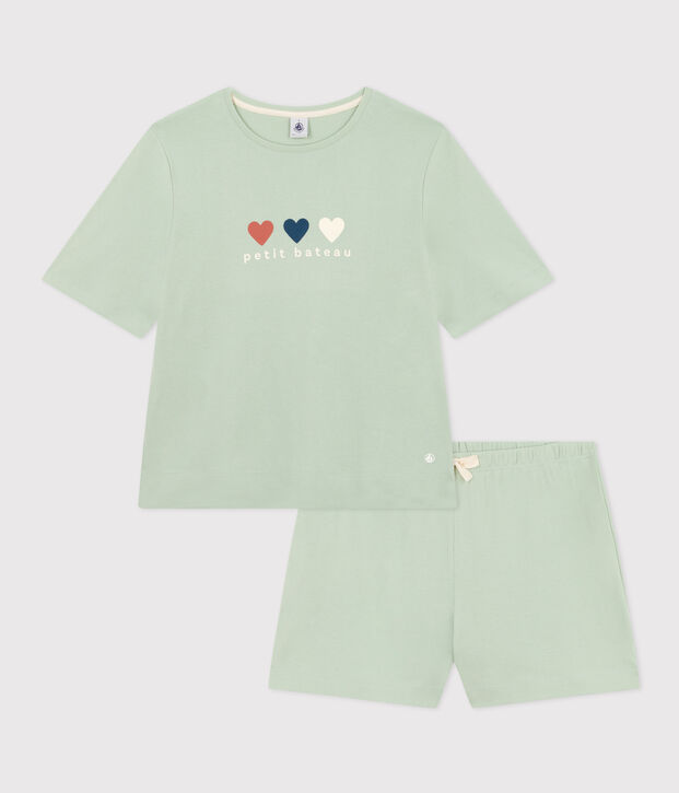 Damen-Pyjama bestehend aus kurzer Hose und T-Shirt aus einfarbiger Baumwolle. gr&uuml;n