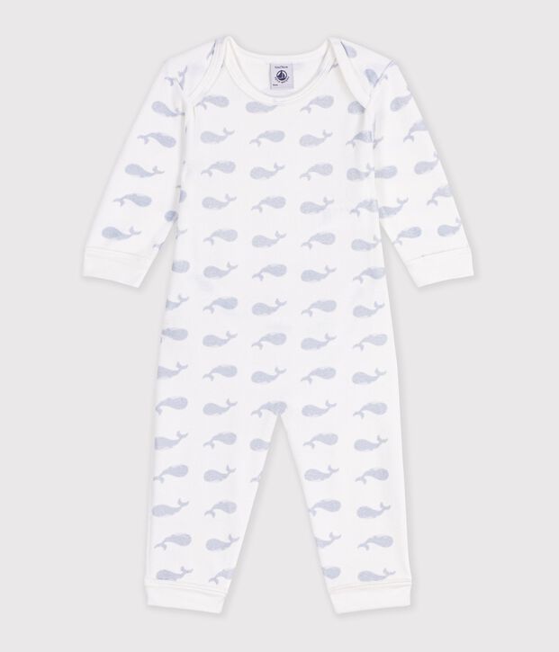 Strampler aus Nicki ohne Druckkn&ouml;pfe mit Walmotiv weiss/blau