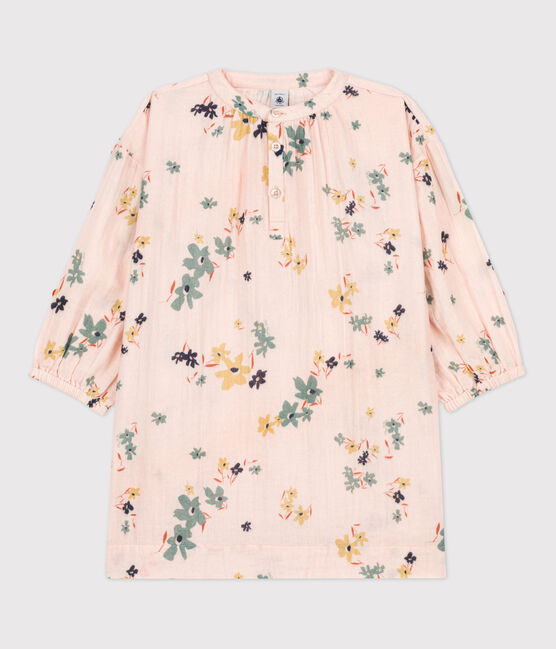 Langärmeliges Kinderkleid aus Baumwollgaze für Mädchen rosa SALINE/weiss MULTICO