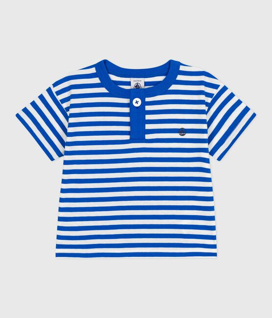Kurzärmeliges Baby-T-Shirt aus Baumwolle mit Streifen blau PORCELANA/ MARSHMALLOW