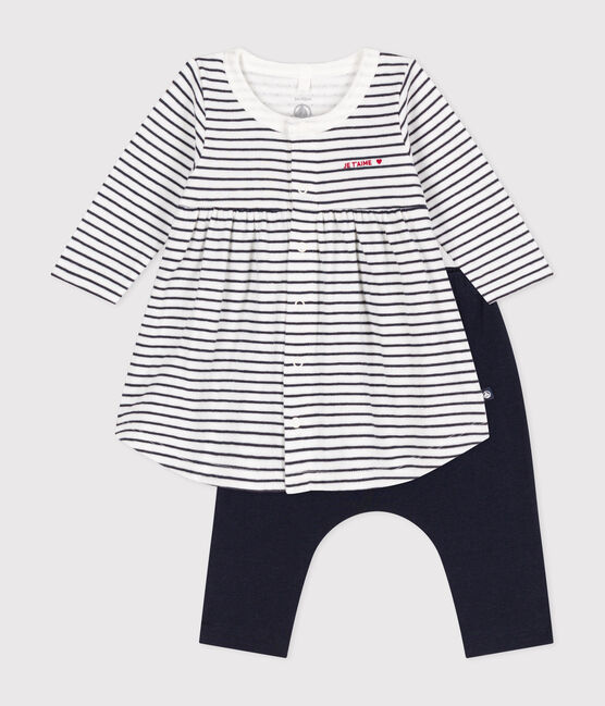 Kleid mit Matrosenstreifen und Leggings aus Baumwolle für Babys weiss MARSHMALLOW/blau SMOKING