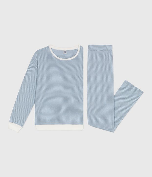 Damen-Pyjama aus Baumwolle mit Streifen blau/weiss