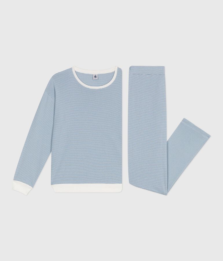Damen-Pyjama aus Baumwolle mit Streifen blau/weiss