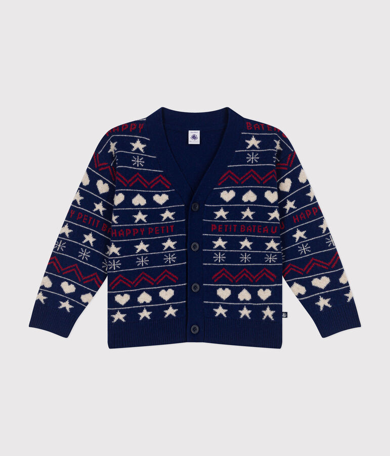 Kinder-Cardigan aus Woll- und Baumwoll-Jacquard f&uuml;r Jungen blau MEDIEVAL/weiss MULTICO