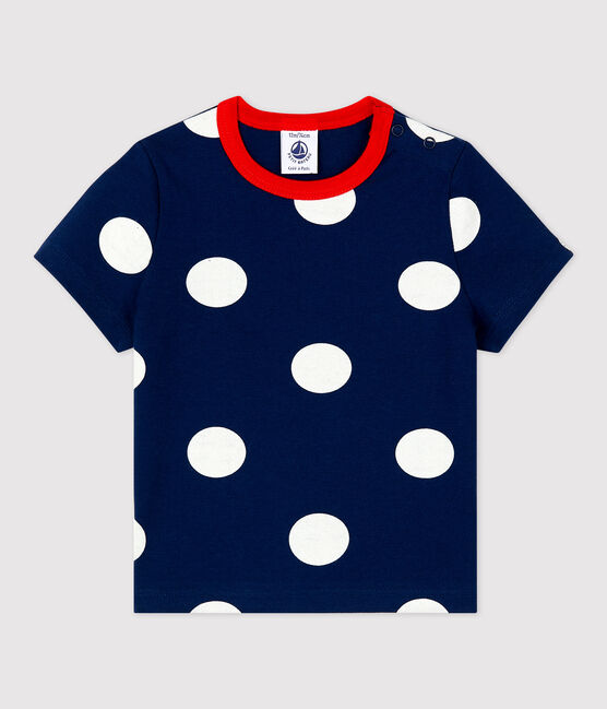 Kurzärmeliges Baby-T-Shirt aus Jersey mit Tupfenmuster blau MEDIEVAL/weiss MARSHMALLOW