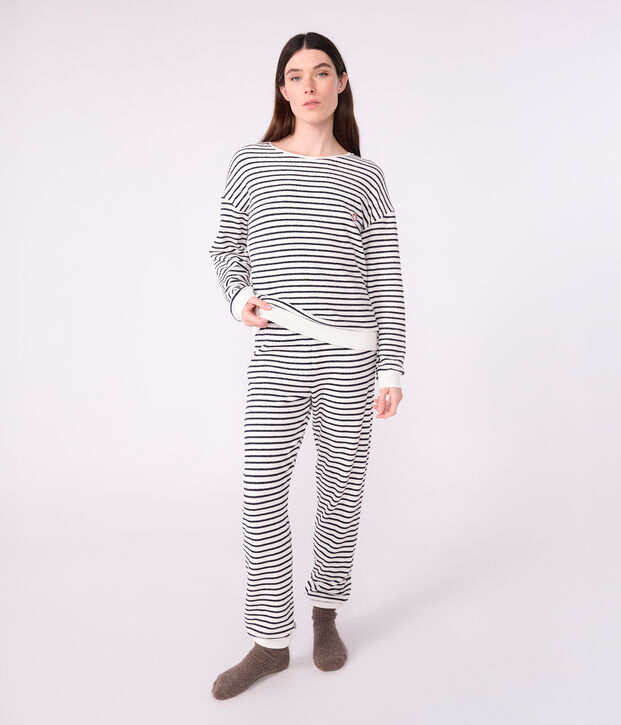 Damen-Pyjama aus Baumwoll-Frottee mit Streifen blau/blau