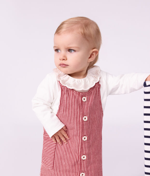 &Auml;rmelloses Baby-Kleid aus Baumwolle mit Streifen und Herz-Aufn&auml;her rosa/rosa