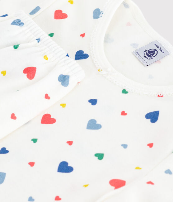 Kurzärmeliger Kinder-Pyjama mit langen Beinen aus bedruckter Baumwolle weiss MARSHMALLOW/weiss MULTICO