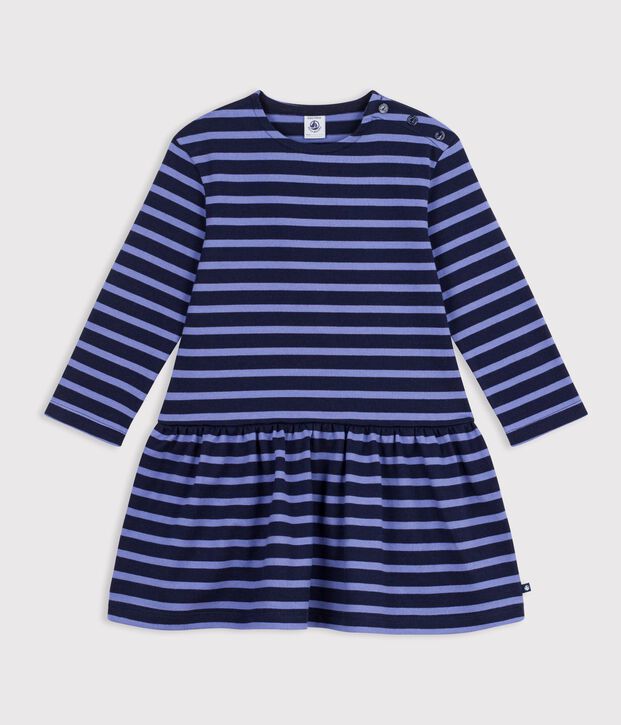 Lang&auml;rmeliges Kinder-Kleid aus Baumwolle mit Streifen blau/violett