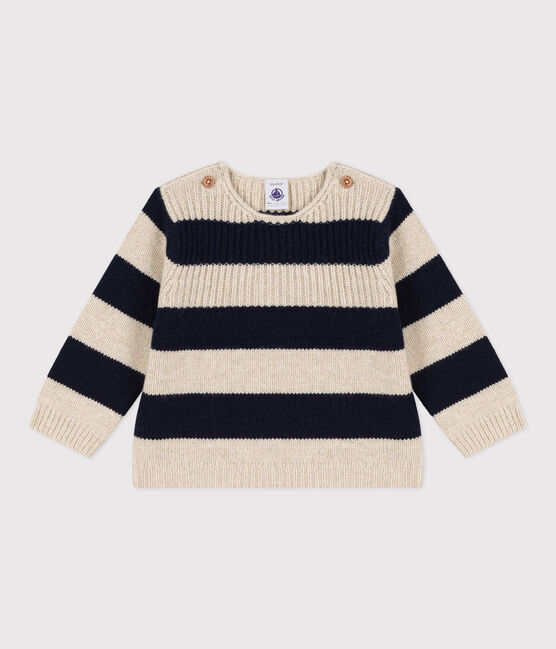 Babypullover aus Woll und Baumwollstrick weiss AVALANCHE/blau SMOKING