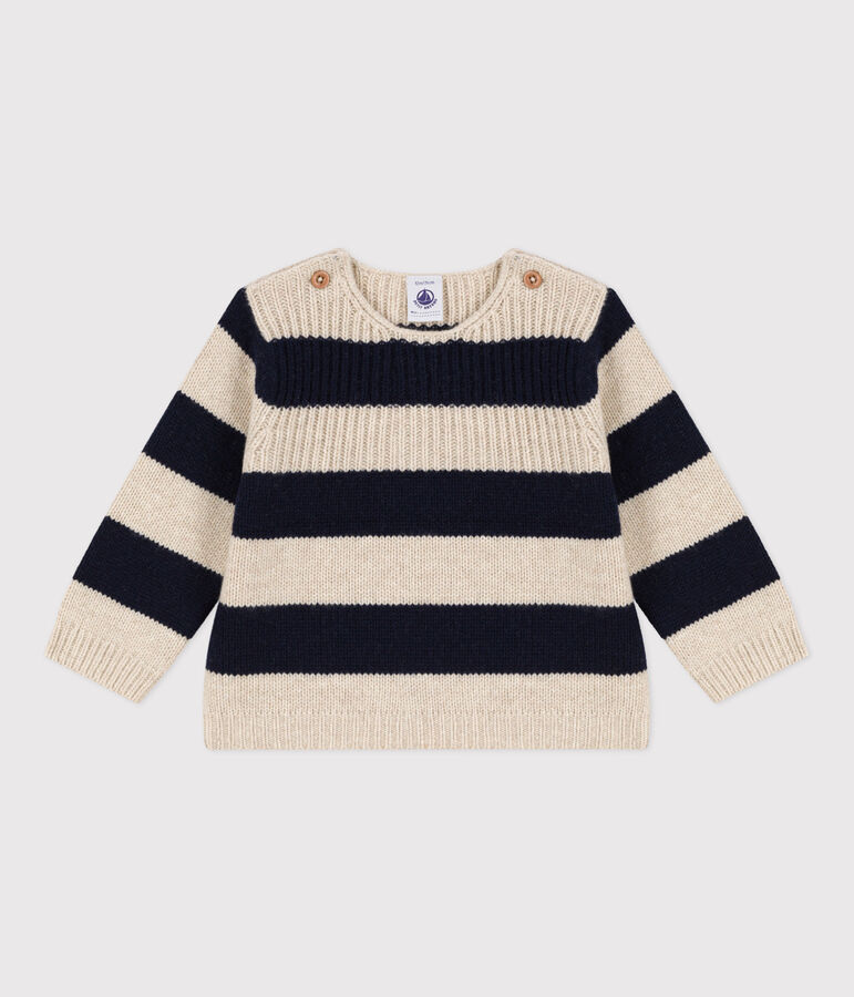 Babypullover aus Woll und Baumwollstrick weiss AVALANCHE/blau SMOKING