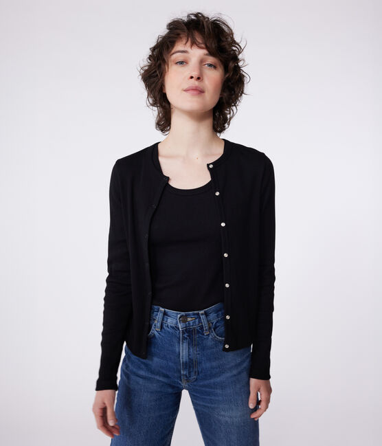 Damen-Cardigan aus einfarbiger Baumwolle schwarz BLACK