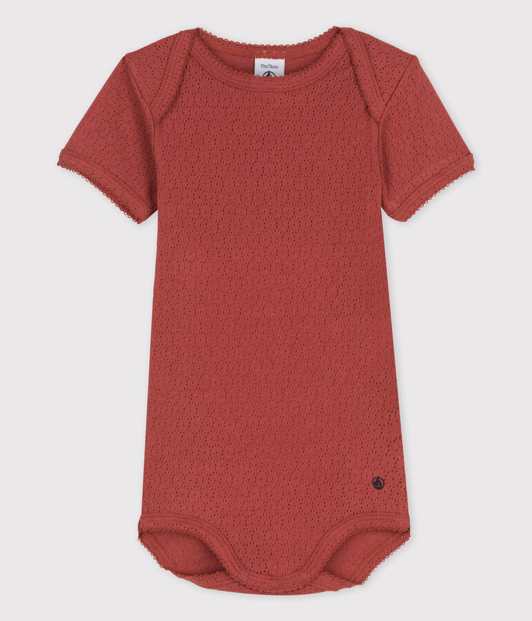 Kurz&auml;rmeliger Baby-Body aus Ajour-Strick braun