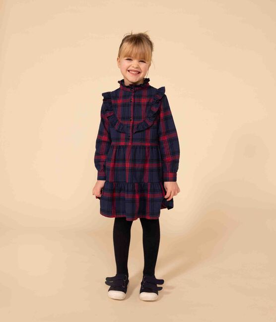 Kinderkleid aus Baumwoll-Flanell mit Karomuster für Mädchen blau SMOKING/weiss MULTICO