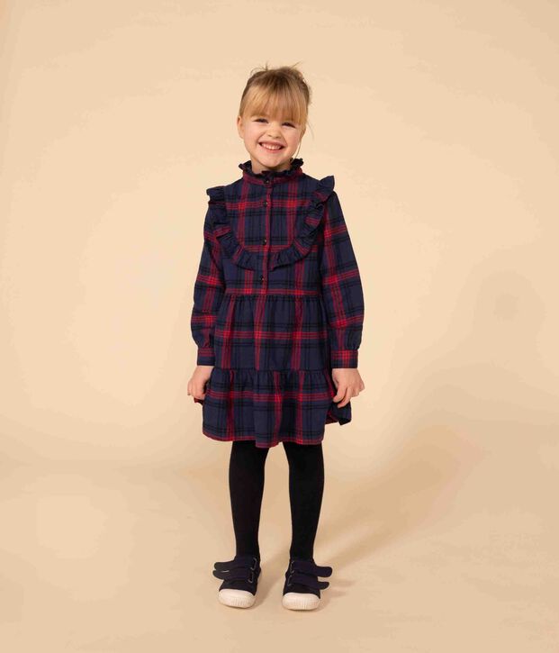 Kinderkleid aus Baumwoll-Flanell mit Karomuster f&uuml;r M&auml;dchen blau/vielfarbig