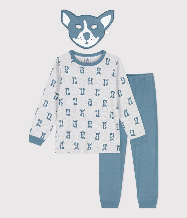 Kinderpyjama aus Baumwolle Hund mit Maske grau/blau