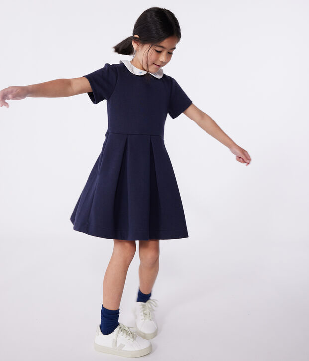Kurz&auml;rmeliges Kinder-Kleid aus einfarbiger Baumwolle blau