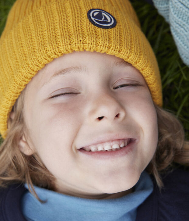 Kinder-M&uuml;tze aus Strick mit Fleece-Futter f&uuml;r Jungen und M&auml;dchen. gelb