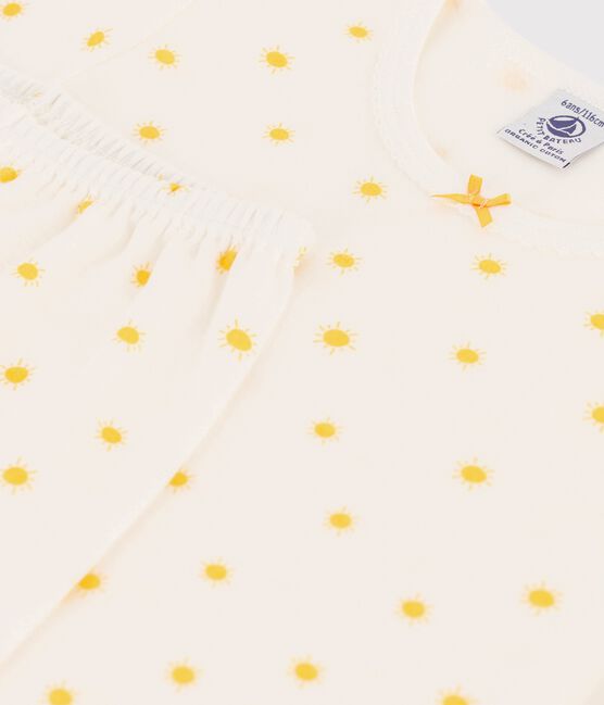 Kurzärmeliger Kinderpyjama aus Bio-Baumwolle mit Sonnemotiv für Mädchen weiss MARSHMALLOW/ ORGE