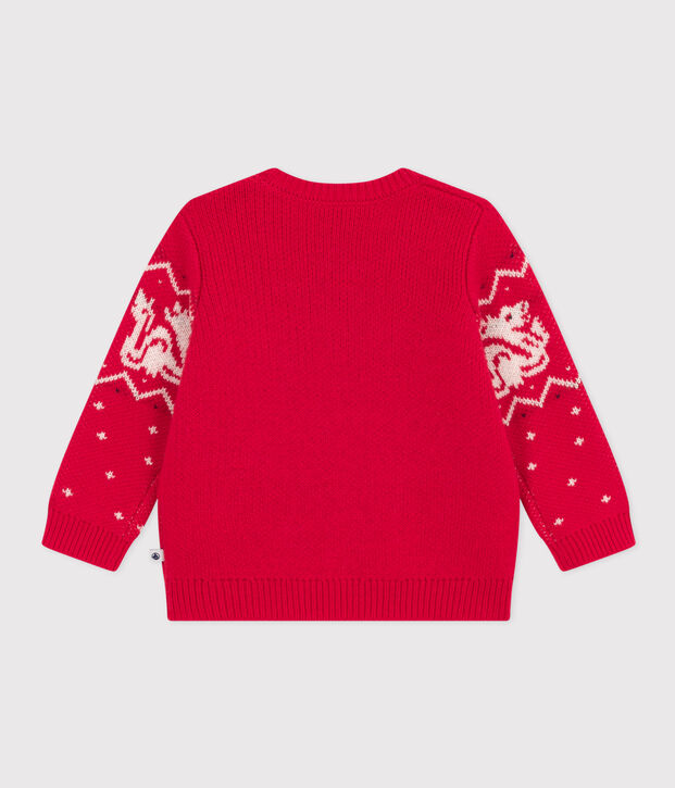 Babypullover aus Woll und Baumwollstrick rot/vielfarbig