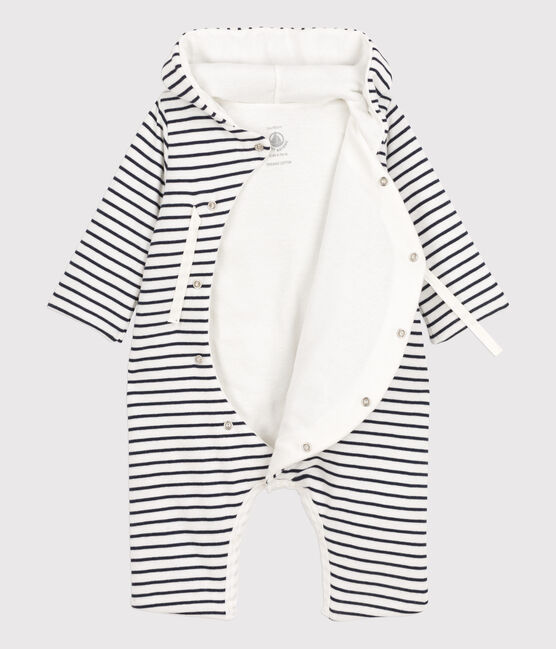 Gestreifter Baby-Langoverall aus Baumwolle und mit Kapuze weiss MARSHMALLOW/blau SMOKING