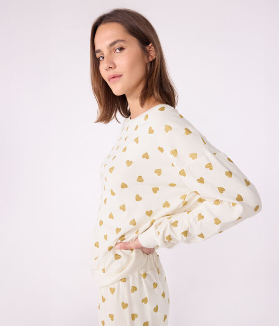 Damen-Pyjama aus Baumwolle mit goldfarbenen Herzen MILK/ DORE