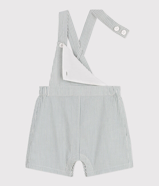 Kurzbeinige Baby-Latzhose aus Baumwolle mit Streifen weiss MARSHMALLOW/blau BRUT