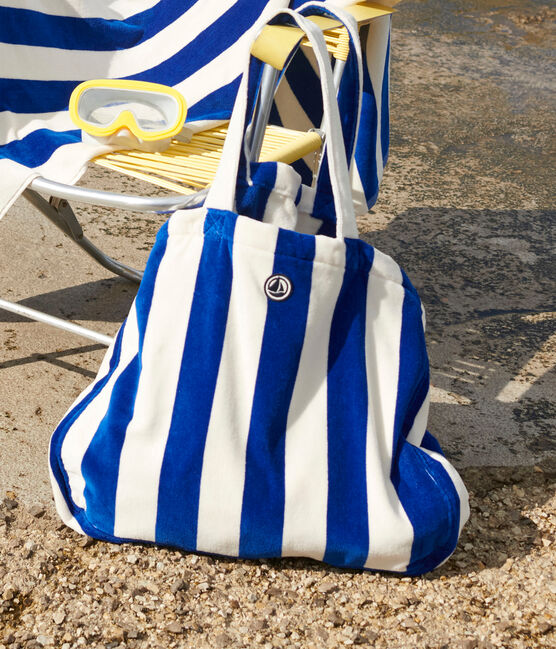 GESTREIFTE BOUCLETTE-FROTTEE-TASCHE FÜR DAMEN  blau SURF/weiss MARSHMALLOW