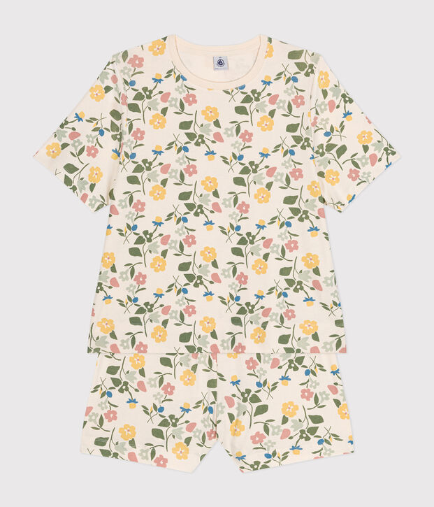 Damen-Pyjama, Shorts und T-Shirt aus Baumwolle mit Blumenmuster naturfarben/vielfarbig