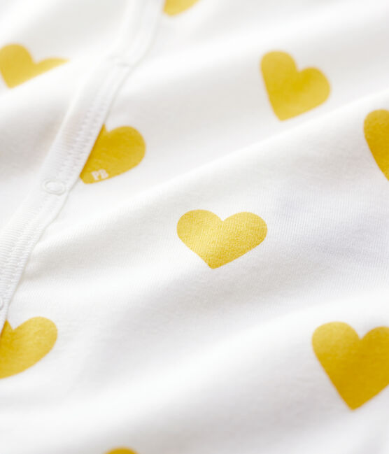 Baby-Strampler ohne Füße aus Bio-Baumwolle mit gelbem Herzmuster weiss MARSHMALLOW/weiss MULTICO