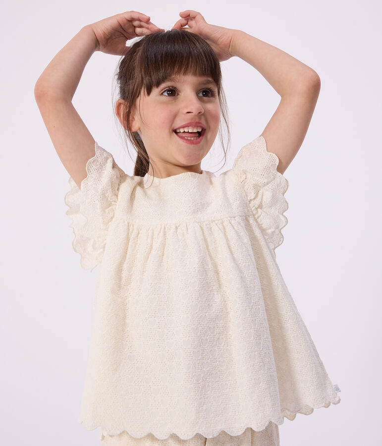 Kurz&auml;rmelige Kinder-Bluse aus Baumwolle mit Herzmotiven weiss MARSHMALLOW