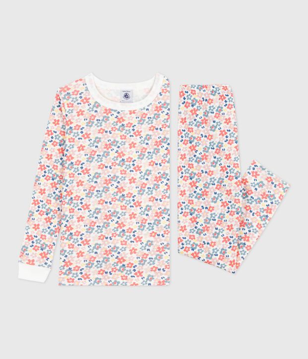 Kinder-Pyjama aus Baumwolle mit eng anliegenden Beinen und Blumenmotiv weiss/vielfarbig