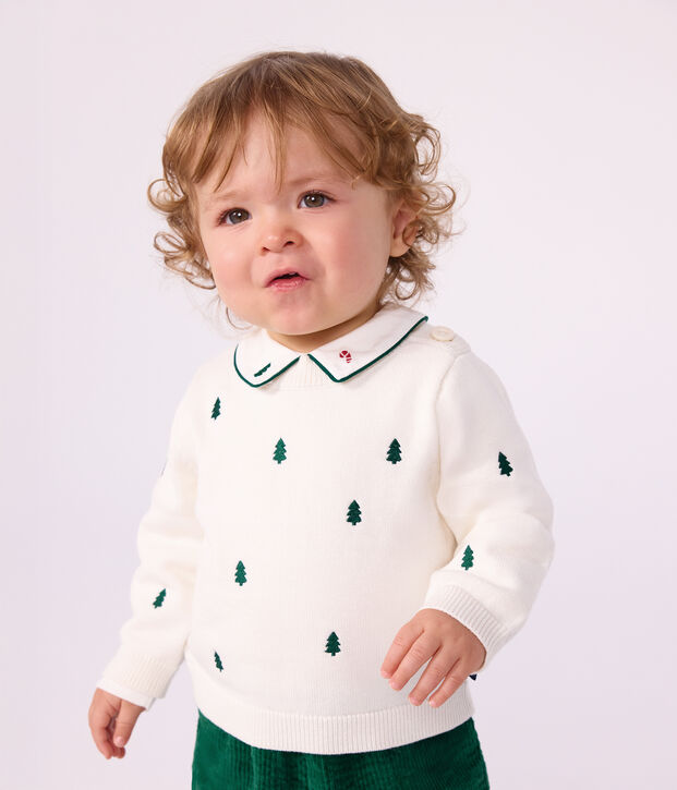 Baby-Pullover aus Wolle und Baumwolle mit bestickten Tannenb&auml;umen naturfarben/gr&uuml;n