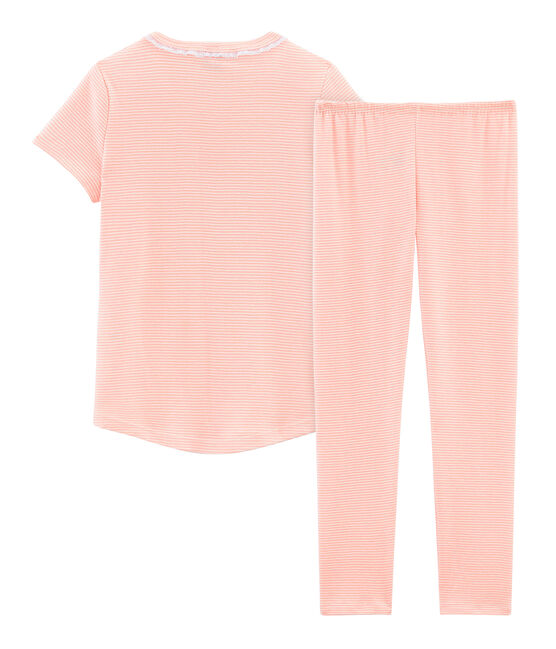 Kurzärmeliger Rippstrick-Pyjama für kleine Mädchen rosa ROSAKO/weiss MARSHMALLOW