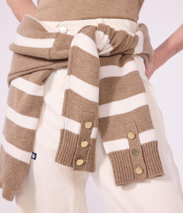 Damen-Pullover mit Rollkragen aus Wolle und Baumwolle mit Streifen beige/naturfarben