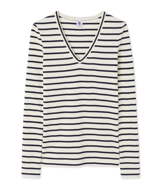 Gestreiftes Damen-Langarmshirt mit V-Ausschnitt beige COQUILLE/blau SMOKING