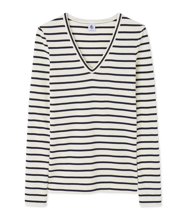 Gestreiftes Damen-Langarmshirt mit V-Ausschnitt weiss/blau