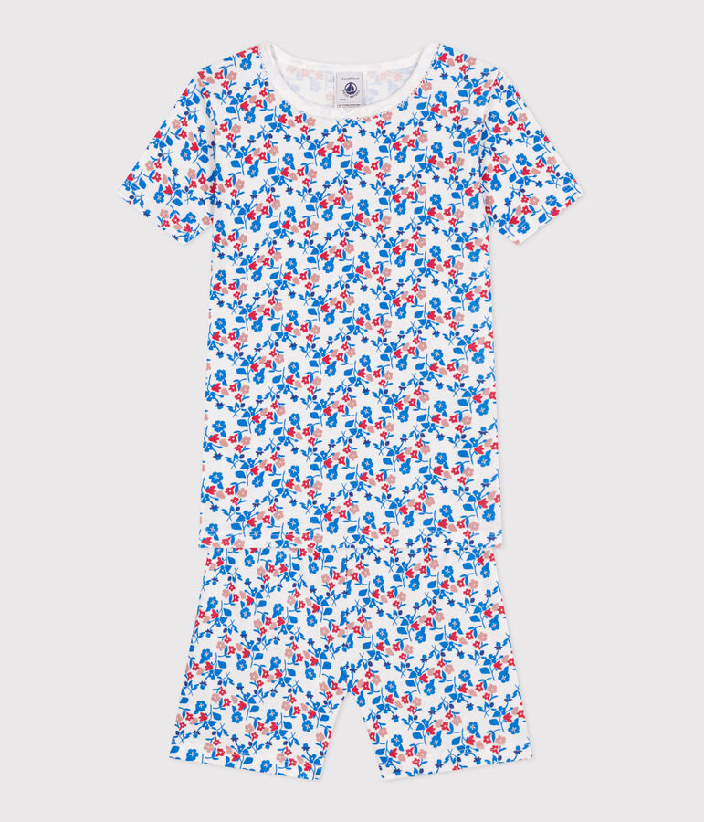 Eng anliegender Kinder-Kurzpyjama aus Baumwolle mit Blumenmuster weiss/vielfarbig