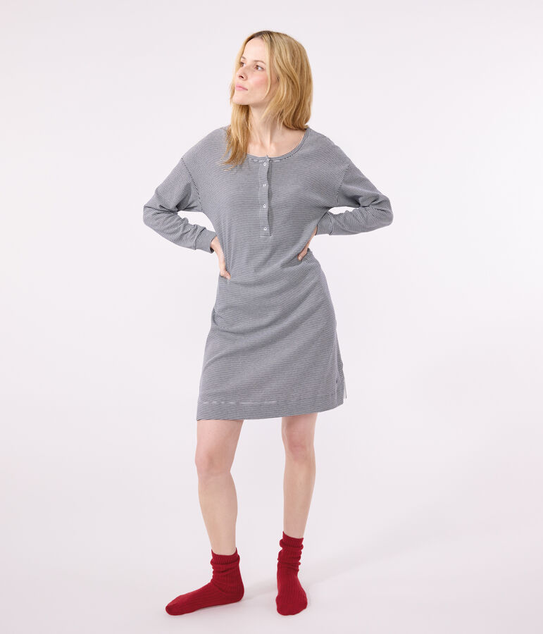 Damen-Nachthemd aus gestreifter Baumwolle blau/weiss