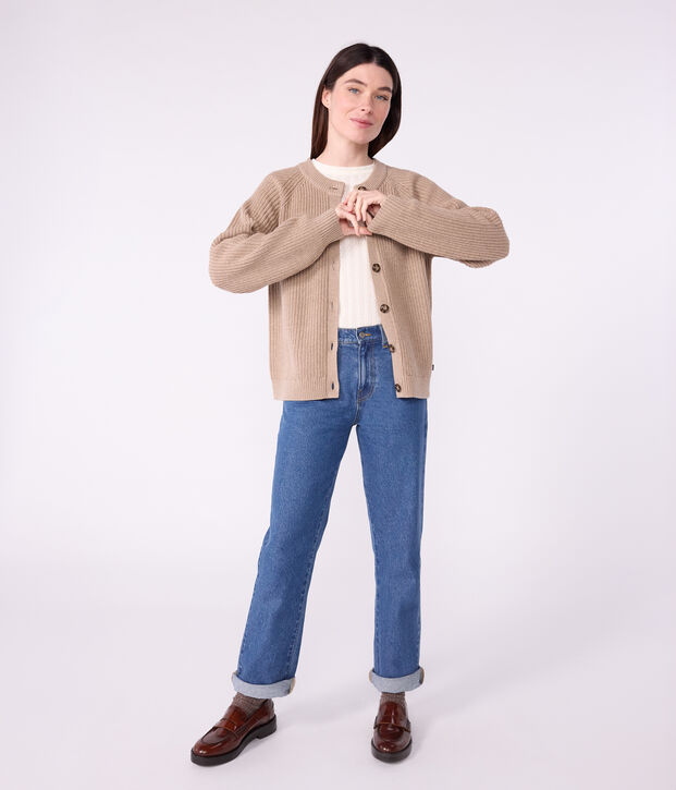 Damen-Cardigan aus einfarbiger Wolle und Baumwolle braun