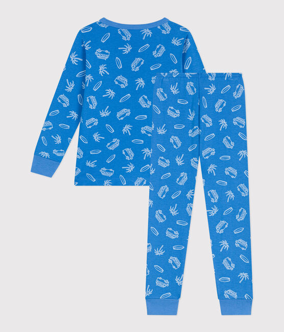 Langärmeliger Kinder-Pyjama aus Baumwolle mit Minibus-Motiv blau BRASIER/grau MARSHMALLOW