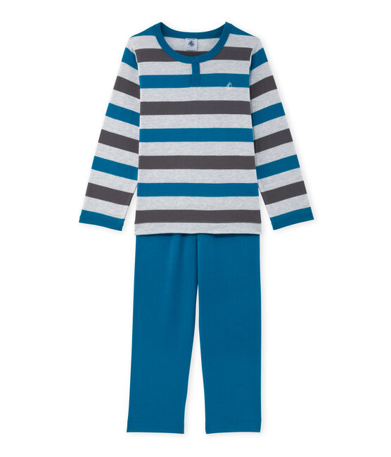 Gestreifter Jungen-Schlafanzug aus Jersey grau POUSSIERE/grau MAKI/ POUSSIERE