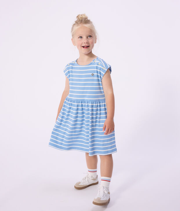 &Auml;rmelloses Kinder-Kleid aus Baumwolle mit Streifen blau/weiss