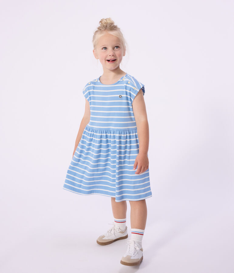 &Auml;rmelloses Kinder-Kleid aus Baumwolle mit Streifen blau/weiss