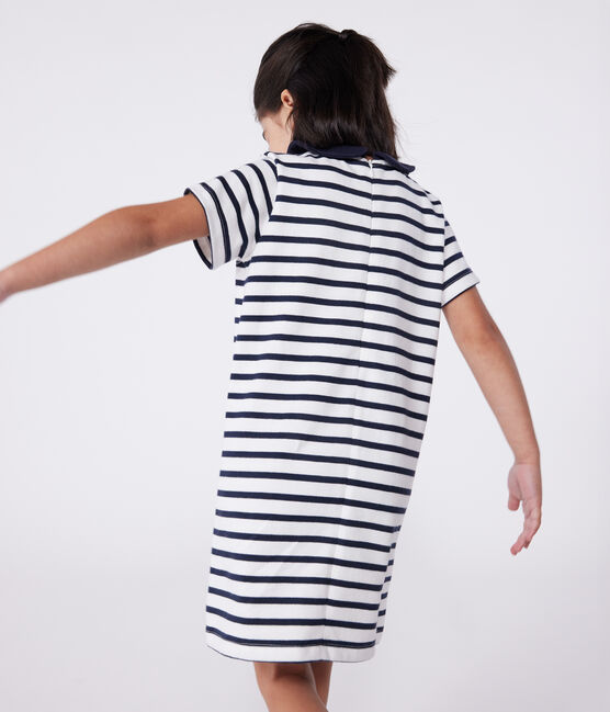 Kurzärmeliges Kinder-Kleid aus Baumwolle  weiss MARSHMALLOW/blau SMOKING