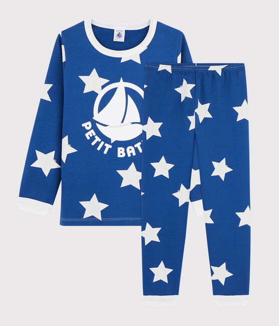 Kinderpyjama aus Molton mit Sternen blau MAJOR/weiss ECUME