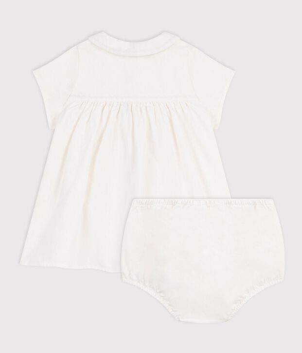 Baby-Kleid aus Baumwolle/Leinen mit h&uuml;bschen Stickereien und dazu passendem Bloomer weiss