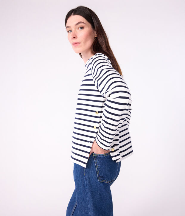 Damen-Streifenshirt Marini&egrave;re aus Baumwolle weiss/blau